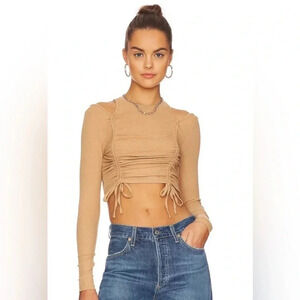 superdown Andi Ruched Top Cold Shoulder blouse top in Tan XS Revolve